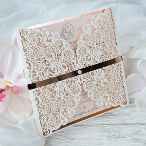 Einladung Hochzeitseinladung Laser cut Hochzeit Einladungskarten DIY Rose Gold mit Pfirsich Einladungen Umschlag White Elegant