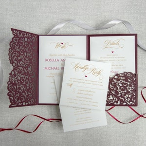 Burgundy Elegant Laser Cut + Envelope Wedding Invitation Cards DIY Laser Cut + Envelope Birthday Baptism