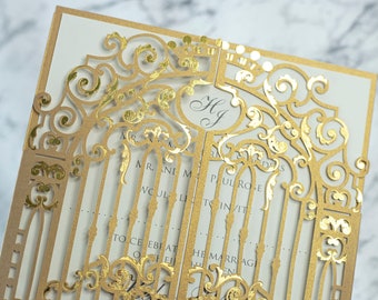 Luxurious Wedding Invitations Elegant Golden Old Gold Monogram Gatefold Laser Cut Gate Laser Cut Invitation Gold Foil Birthday