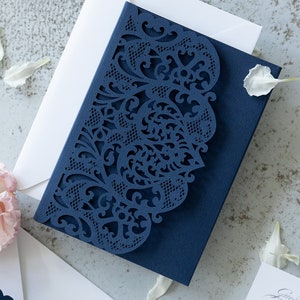 Dunkelblau elegantes Lasergeschnittene Einladungen Hochzeit Einladungskarten Laser Cut Umschlag Taufe DIY