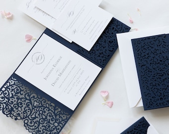 Navy Blue Invitations Additional Information RSVP Wedding Laser Cut Cards