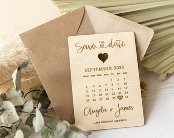 Wooden Save The Date Rustic Wedding Engraved Date Calendar Laser Cut Heart Eco Envelope