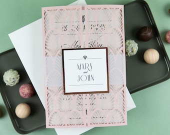 Pink wedding invitation DIY invitation cards with elegant lace art deco + envelope
