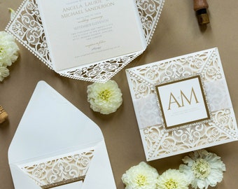 Invitation wedding invitation laser + envelope DIY invitation wedding birthday baptism wedding invitation cards paper cream lace