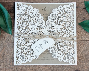 Wedding Invitation Rustic Wedding DIY Laser Cut + Envelope DIY Birthday Christening Wedding Invitation Cards Eco Paper Tag Cream Lace