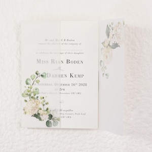 Pre-folded Floral Printed White Translucent, Vellum Jackets Vellum Wraps 5x7&quot; cards, White Hydrangea Flowers and Greenery Vellum Jacket