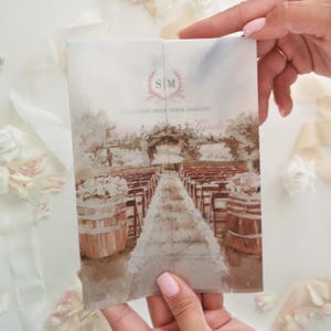 Watercolor Vellum Overlay - 5x7 with Watercolor Wedding Venue, Invitation Vellum Sleeve, Vellum Jacket Featuring Wedding Alley of the Venue