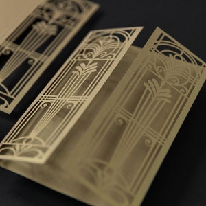 Copertina fai da te per inviti di nozze, copertina tagliata al laser, invito Art Déco in oro antico, biglietti d'invito per nozze, compleanno, grande Gatsby