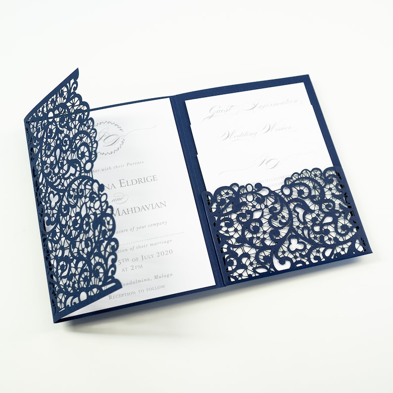 Dark Blue Elegant Laser Cut Envelope Wedding Invitation Etsy