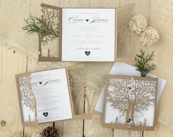 Wedding Invitation Rustic Eco Kraft Laser Cut Pocket