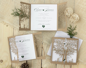 Wedding Invitation Rustic Eco Kraft Laser Cut Pocket