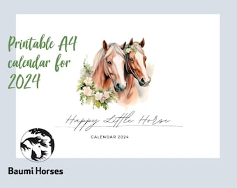Adorable Horse calendar 2024 with notespace! Printabe A4 Happy Little Horse calendar, Mon - Sun, PDF-file to print yourself