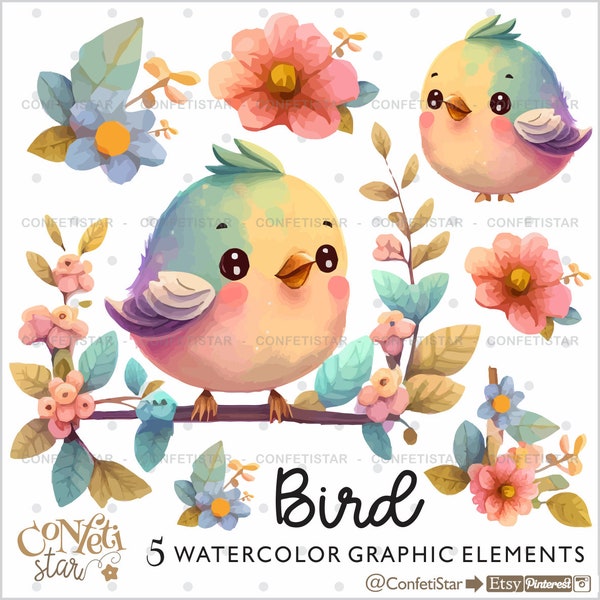 Bird Clipart, Watercolor Bird Clipart, Bird PNG, Spring Bird Clipart, Spring Clipart, Bird Graphics, Bird Clip Art, Spring Graphics, Birds