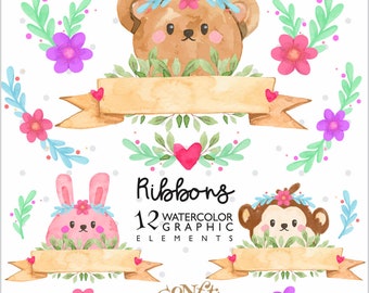 Spring Clipart, Ribbons Clipart, COMMERCIAL USE, Watercolor Clipart, Ribbons Graphics, Animals Clipart, Spring Clip Art, Spring Graphics