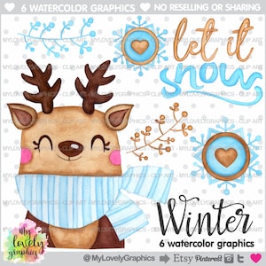 Winter Clipart, Winter Graphics, Christmas Clipart, COMMERCIAL USE, Winter Watercolor, Let it Snow Clipart, Christmas Reindeer Clipart