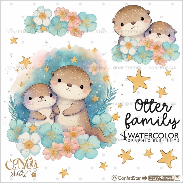 Otter Clipart, Family Clipart, Otter Family, Watercolor Otter Clipart, Cute Otters, Sea Creatures, Friends Clipart, Otter Illustrations