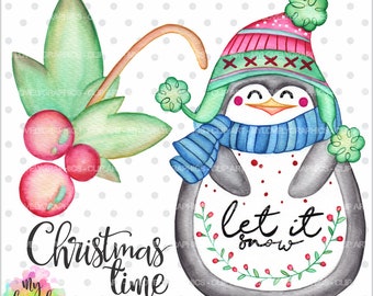 Christmas Clipart, Winter Clipart, Penguin Clipart, Christmas Watercolor, COMMERCIAL USE, Christmas Graphics, Kawaii Clipart