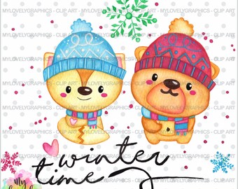 Winter Clipart, Bear Clipart, Christmas Bear Clipart, COMMERCIAL USE, Winter Watercolor, Winter Time, Winter Bears, Christmas Clipart
