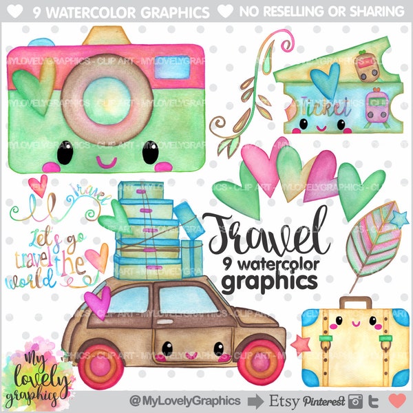 Travel Clipart, Travel Graphics, COMMERCIAL USE, Kawaii Clipart, Watercolor Clipart, Let's Travel the World, Traveling Clipart, Car Clipart