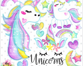 Unicorn Clipart, Unicorn Graphic, COMMERCIAL USE, Kawaii Clipart, Watercolor Unicorn, Planner Accessories, Rainbow Clipart, Fairy Tale