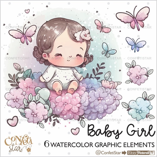 Baby Girl Clipart, Baby Clipart, Cute Baby, Nursery Art Decor, Baby Girl Illustration, Baby Clip Art, Baby Graphics, Baby Illustration, Baby