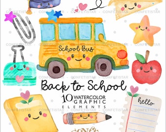 School Clipart, Back to School Clipart, COMMERCIAL USE, School Graphics, School Bus Clipart, School Watercolor Clipart, School Clip Art