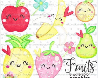 Fruit Clip Art, Fruit Graphics, Fruit Images, COMMERCIAL USE Clipart, Apple Clipart, Watercolor Clipart, Pineapple Clipart, Strawberry