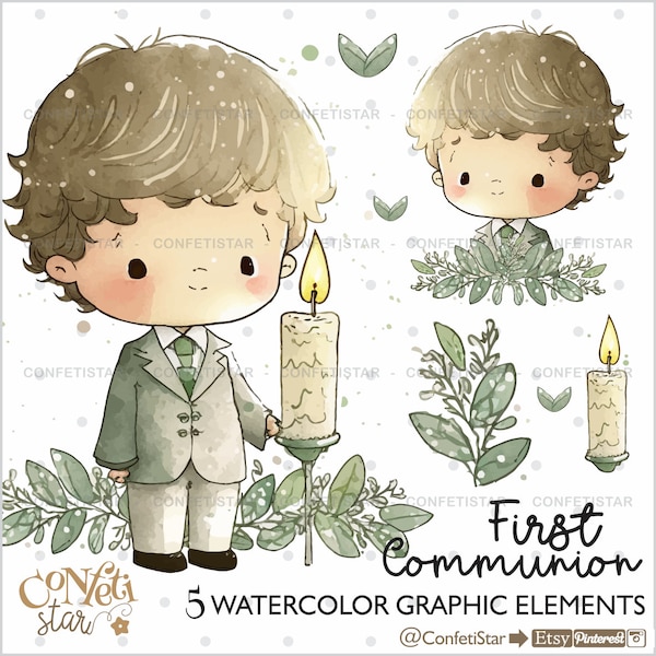 First Communion Clipart, Watercolor First Communion, Clipart First Communion for Boys, First Communion Illustrations, Christian Clipart
