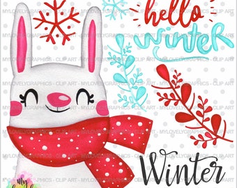 Winter Clipart, Winter Graphics, Christmas Clipart, COMMERCIAL USE, Winter Watercolor, Hello Winter, Christmas Bunny Clipart, Bunny Clipart