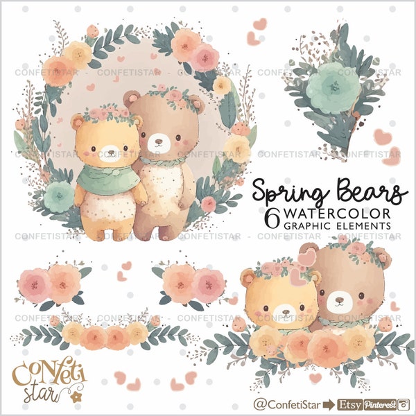 Bears Clipart, Love Clipart, Spring Bear Clipart, Floral Wreath, Floral Clipart, Bear Graphics, Love Graphics, Woodland Bears, Romantic