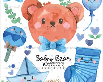 Baby Boy Clipart, Watercolor Clipart, Baby Born Clipart, COMMERCIAL USE, Baby Boy Clip Art, Bear Clipart, Baby Bear Clipart, New Baby