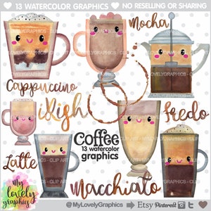 Coffee Clipart, Coffee Graphic, Coffee, COMMERCIAL USE, Kawaii Clipart, Watercolor Coffee, Planner Accessories, Coffee Illustration, Latte