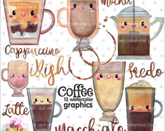 Coffee Clipart, Coffee Graphic, Coffee, COMMERCIAL USE, Kawaii Clipart, Watercolor Coffee, Planner Accessories, Coffee Illustration, Latte