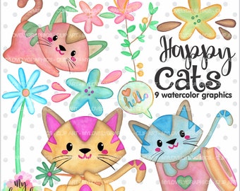 Cat Clipart, Cat Graphic, Watercolor Images, COMMERCIAL USE, Kawaii Clipart, Clipart Watercolor, Cat Party, Planner Accessories, Pet Clipart