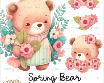 Spring Bear Clipart, Spring Clipart, Teddy Bear Clipart, Bear Clipart, Spring Illustrations, Watercolor Bear, Bear Vector, Nursery Art Decor