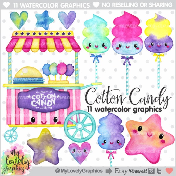 Cotton Candy Clipart, Cotton Candy Graphic, COMMERCIAL USE, Kawaii Clipart, Watercolor Cotton Candy, Planner Accessories, Clipart