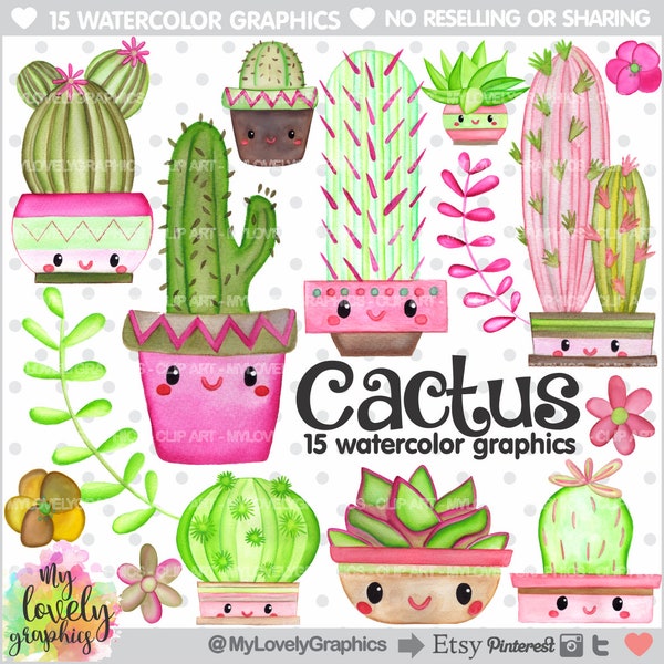 Cactus Clipart, Cactus Graphic, Boho Clipart, COMMERCIAL USE, Watercolor Cactus, Kawaii Clipart, Planner Accessories, Succulent Clipart