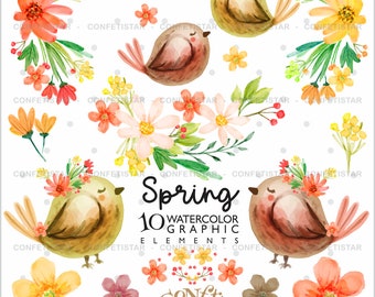 Spring Clipart, Bird Clipart, COMMERCIAL USE, Spring Clip Art, Spring Watercolor, Autumn Clipart, Fall Clipart, Animal Clipart, Watercolor