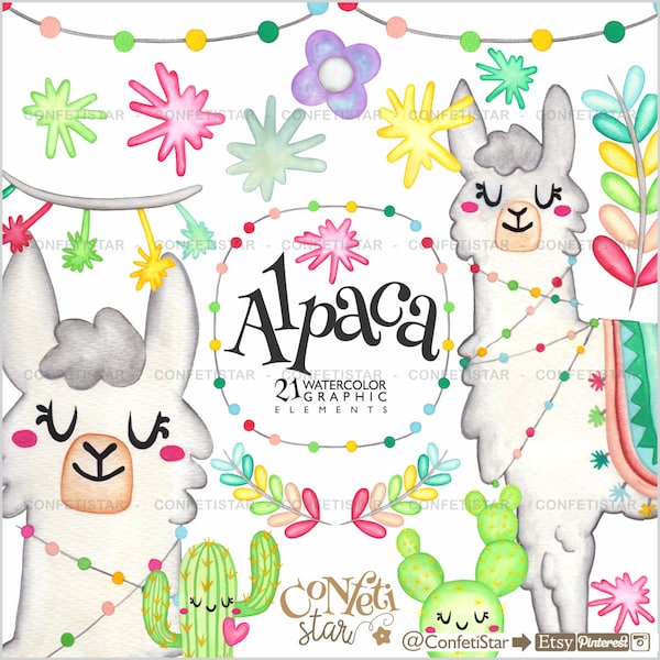 Alpaca Clipart, Alpaca Graphics, COMMERCIAL USE Clipart, Llama Clip Art, Llama Clipart, Animal Clipart, Cactus Clipart, Llama Party, Llama