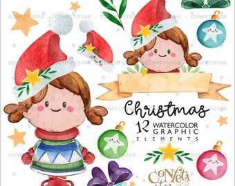 Christmas Clipart, Watercolor Clipart, COMMERCIAL USE, Christmas Clip Art, Christmas Watercolor, Christmas Girl Clipart, Christmas Graphics