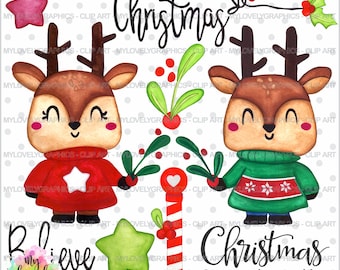 Christmas Clipart, Christmas Graphics, Christmas Deer Clipart, COMMERCIAL USE, Christmas Watercolor, Christmas Clip Art, Reindeer Clipart