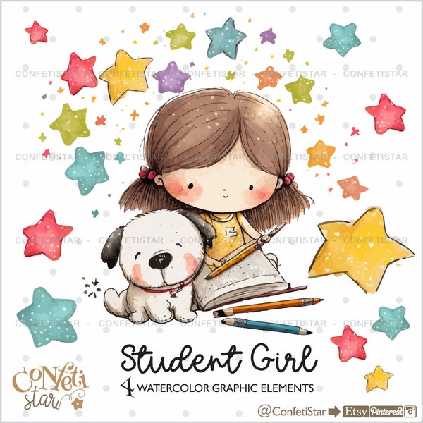 Student Girl Clipart, Student PNG, School Clipart, Back to School Clipart, Girl and Dog Clipart, Family Clipart, Dog Clipart, Puppy Clipart