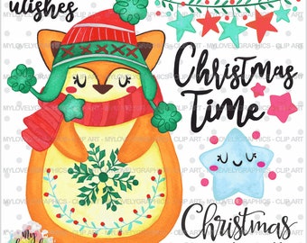 Christmas Clipart, Christmas Graphics, Fox Clipart, COMMERCIAL USE, Winter Clipart, Christmas Clip Art, Kawaii Clipart, Christmas Watercolor