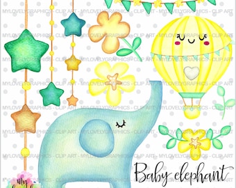 Elephant Clipart, Elephant Graphics, COMMERCIAL USE, Elephant Party, Baby Clipart, Baby Shower, Animal Clipart, Air Balloon Clipart, Clipart