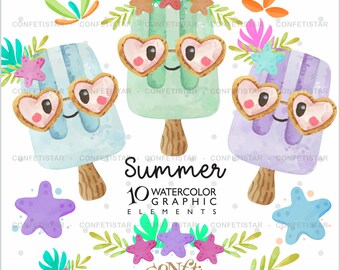 Summer Clipart, Popsicle Clipart, Summer Graphics, Popsicle Graphics, COMMERCIAL USE, Dessert Clipart, Watercolor Clipart, Summer Clip Art