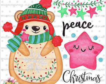 Christmas Clipart, Christmas Graphics, Winter Clip Art, COMMERCIAL USE, Christmas Clip Art, Christmas Watercolor, Kawaii Clipart, Bear