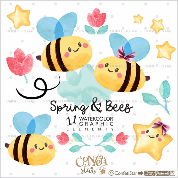Bee Clipart, Spring Clipart, COMMERCIAL USE, Watercolor Bees, Bee Clip Art, Bee Images, Bees PNG, Spring Clip Art, Spring Graphics, Bees