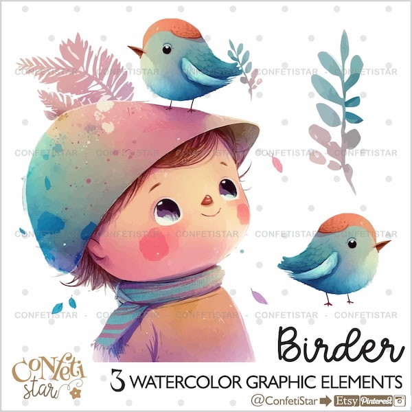 Birder Clipart, Boy Clipart, Bird Clipart, Cute Boy Clipart, Kid Clipart, Child Clipart, Boy Clipart, Birder Graphics, Watercolor Bird