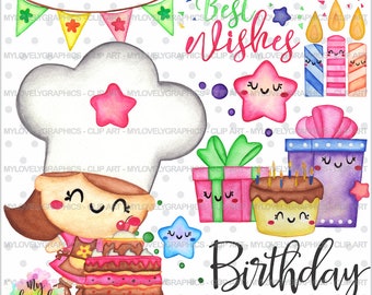 Birthday Clipart, Birthday Graphics, Bakery Clipart, COMMERCIAL USE, Bakery Graphics,Kawaii Clipart, Chef Clipart, Chef Graphics, Clipart