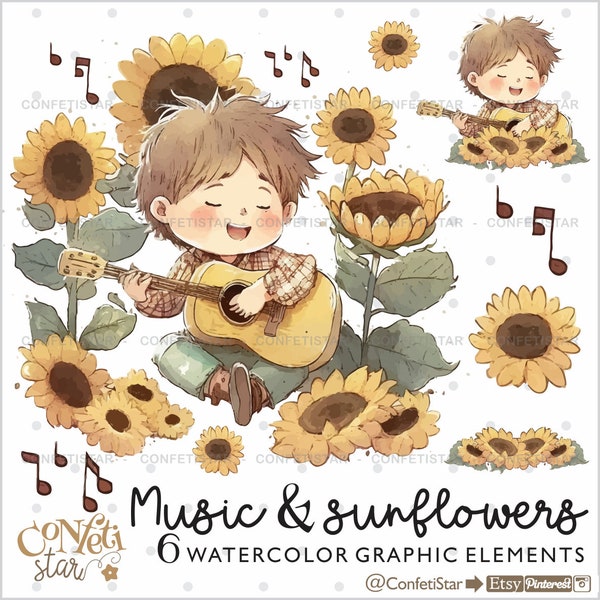 Guitarist Clipart, Boy Clipart, Floral Clipart, Musician Clipart, Little Musician Watercolor Clipart, Musician Boy, Sunflowers, Spring